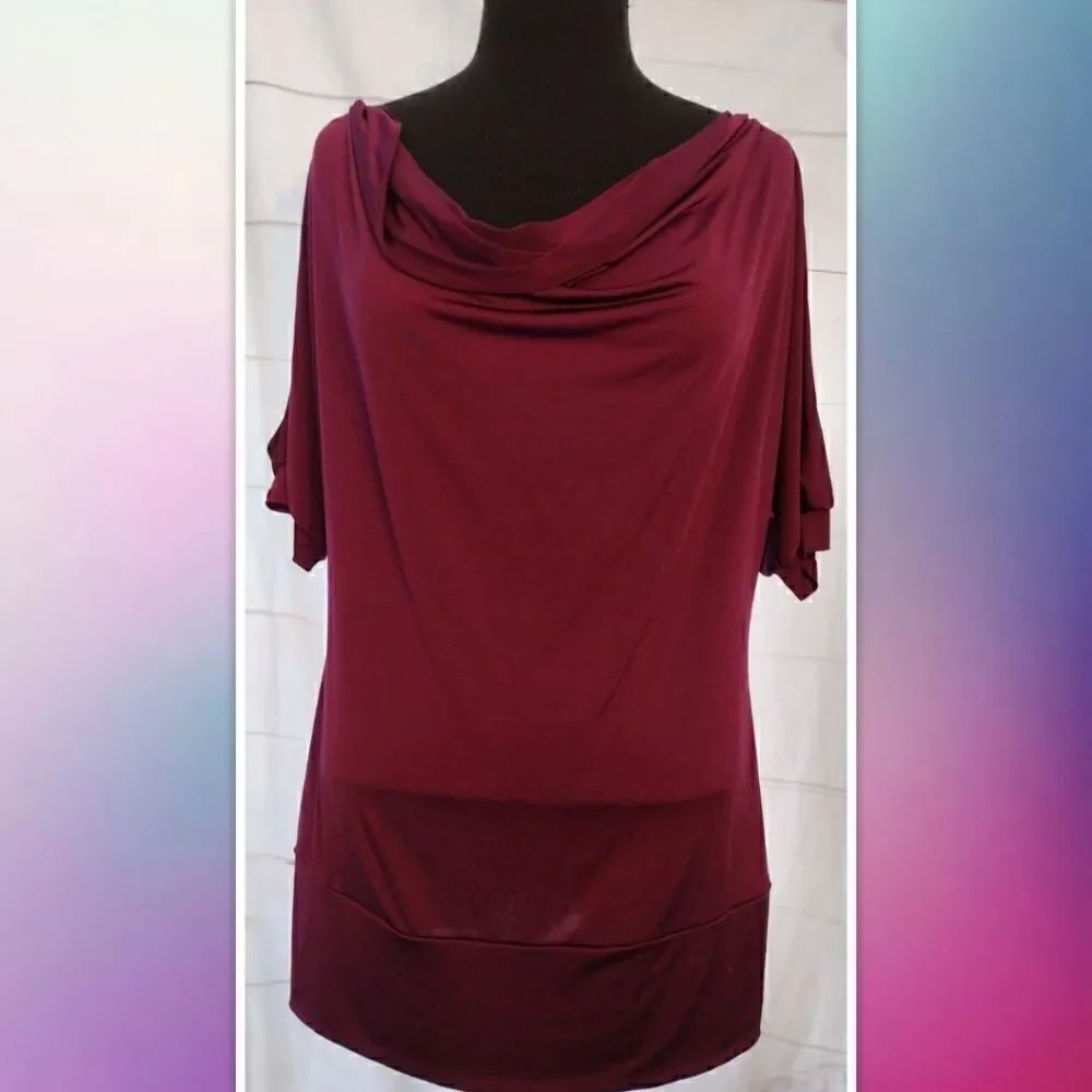 Studio Y Women's Top Blouse Size L Royal with Cowl Neck chain accents on